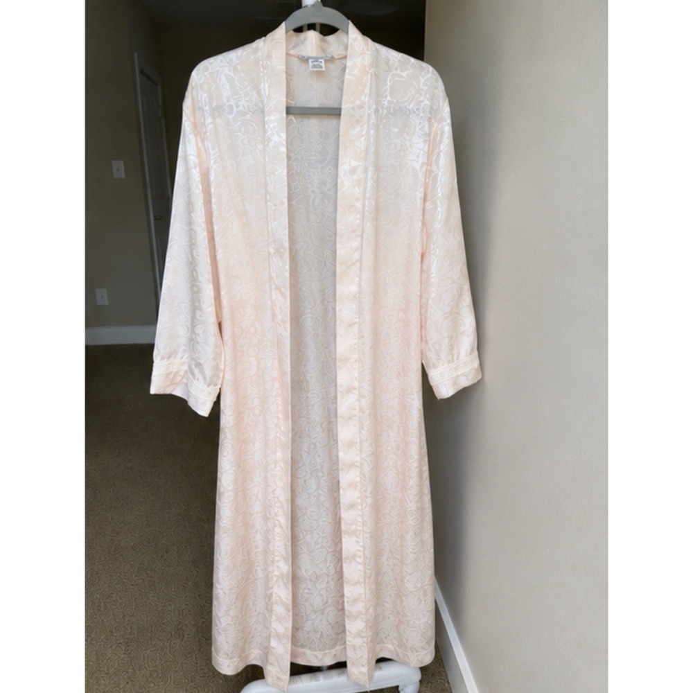 Vintage Christian Dior Pink Floral Satin Jacquard Robe Lace Shawl Collar Tie S - Picture 2 of 8